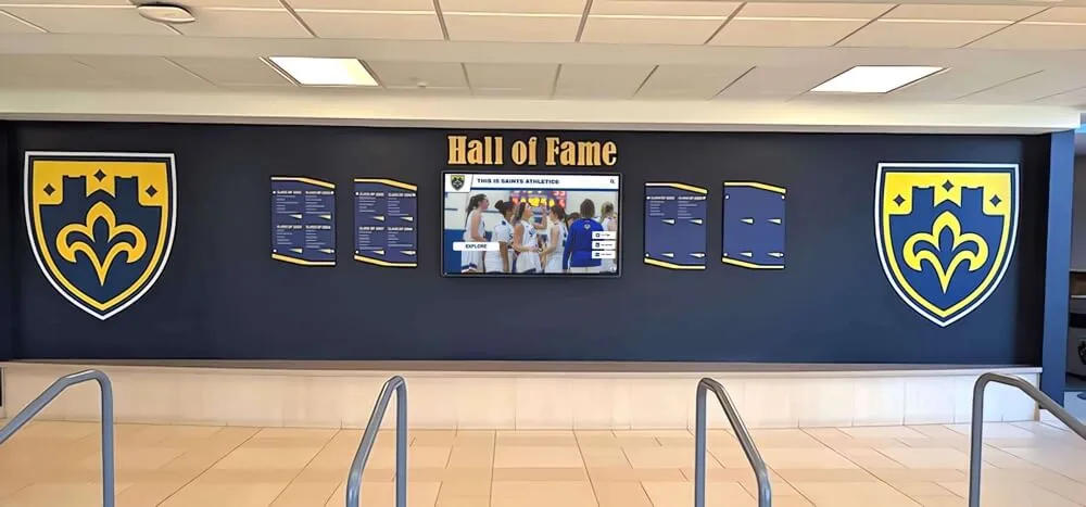 Traditional recognition wall combined with digital display Recognition wall display