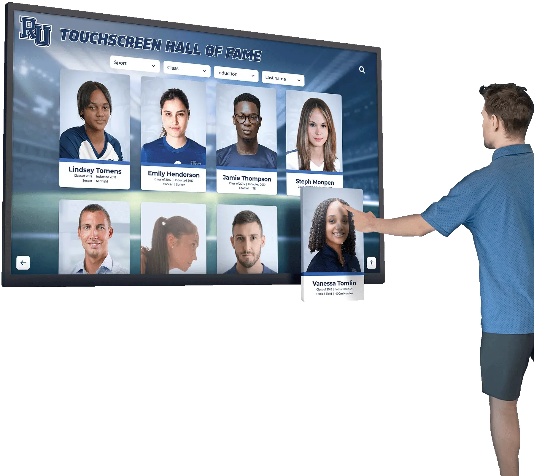 Man using hall of fame touchscreen with athlete profiles in school hallway