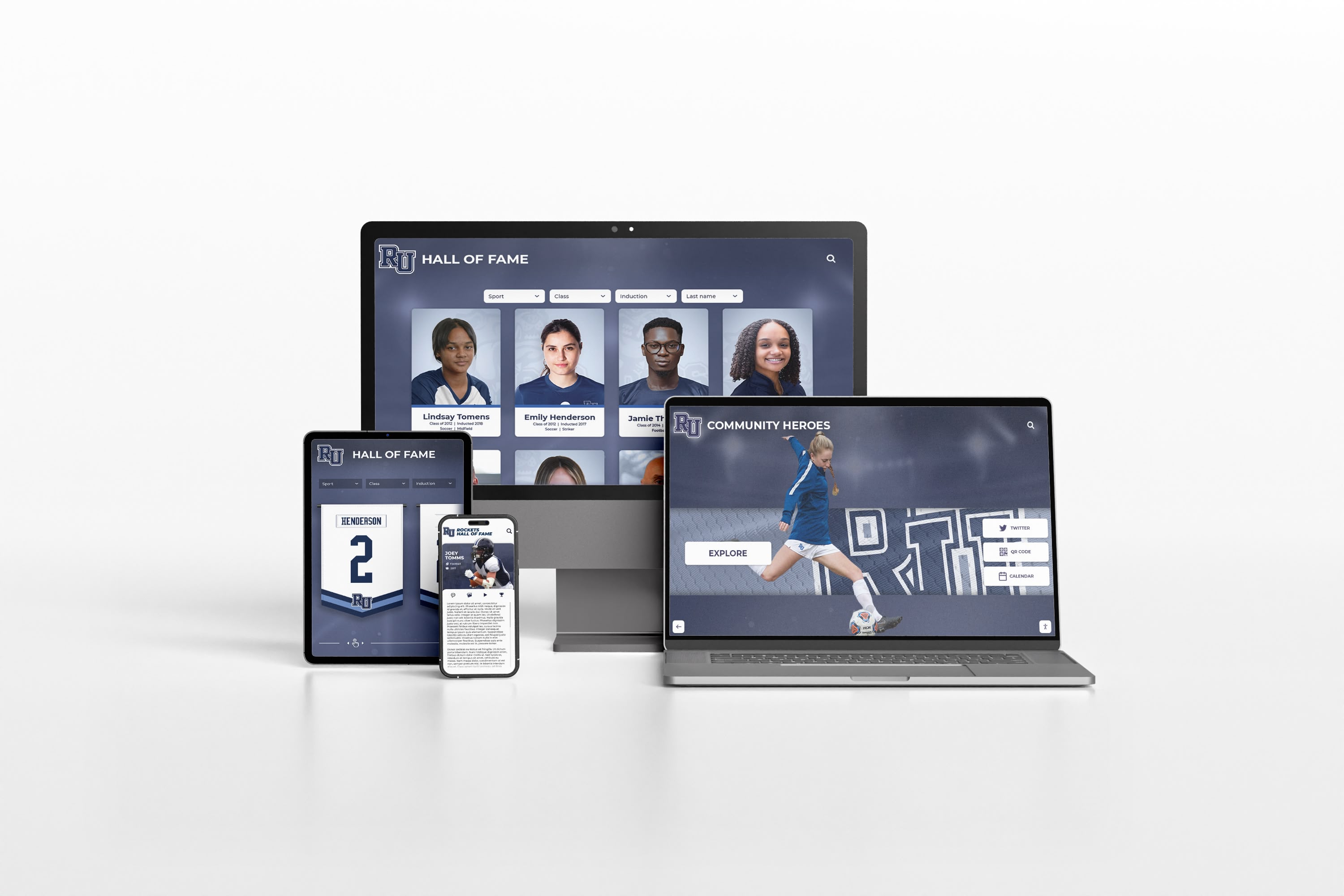 Hall of fame sports website displayed responsively across desktop, tablet, and mobile devices Responsive hall of fame sports website on multiple devices