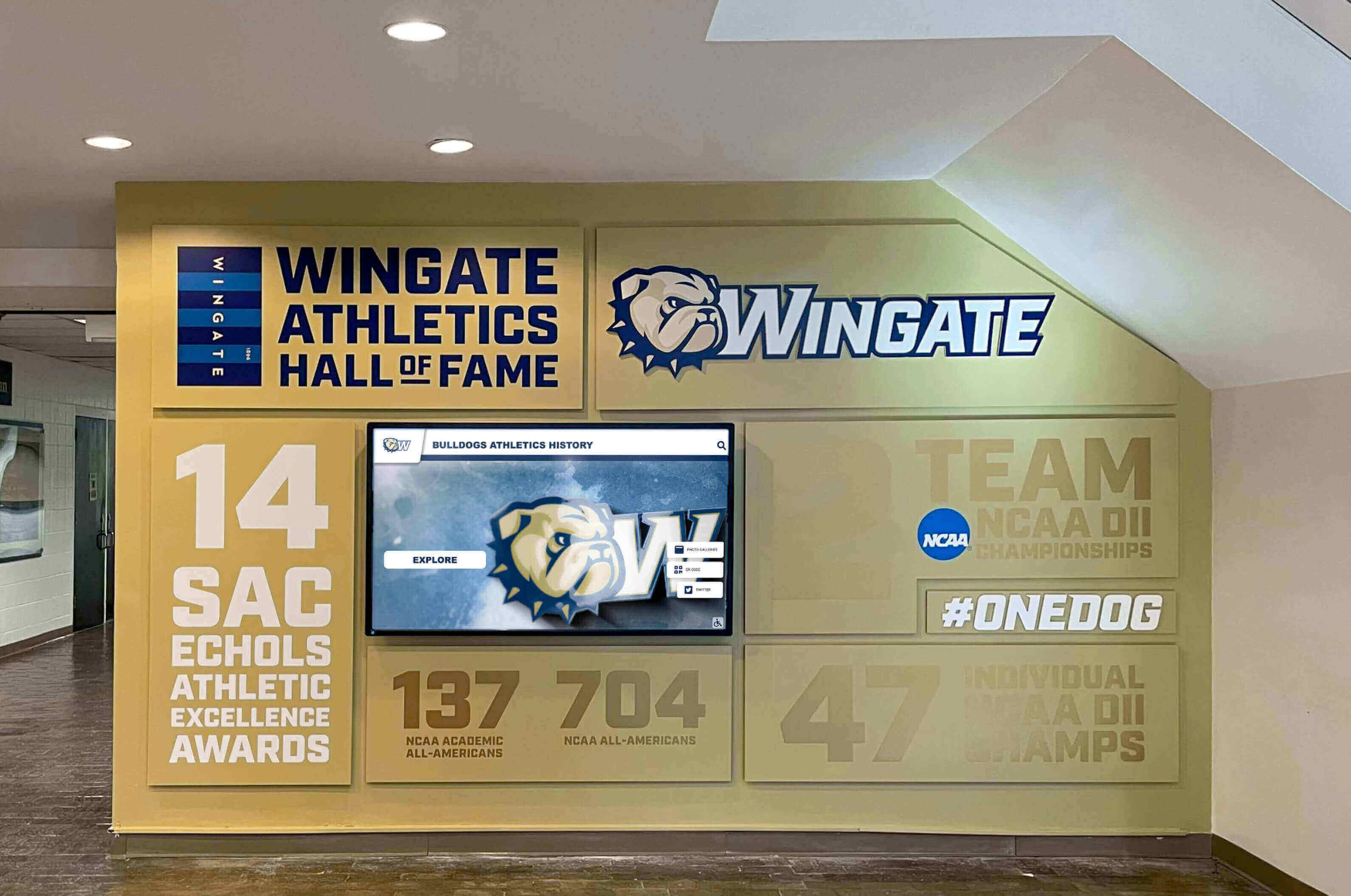 Wingate athletics hall of fame lobby bulldog display — programs running seasonal imports into a self-hosted PostgreSQL recognition cluster can build a pg_stat_wal delta baseline across multiple import seasons, creating the documented context that makes individual season anomalies visible Wingate athletics hall of fame lobby bulldog display showing recognition panels and mascot artwork in a school athletic facility entrance